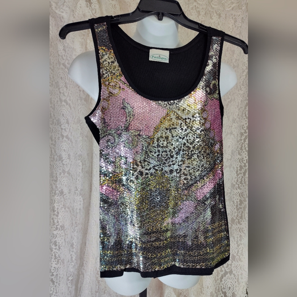 Patchington Black Green Pink Sequin Tank Top Size L NWOT